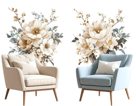  Two images side by side, one with an elegant beige and white flower wall painting on the lef