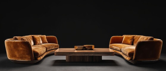 Two Curved, Orange Velvet Sofas Face Each Other Across A Dark Wood Coffee Table, Creating A Sophisticated And Elegant Living Room Scene. The Lighting Is Dramatic, Highlighting The Luxurious Textures.