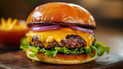 Juicy Cheeseburger with Melted Cheese and Red Onion