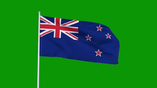 New Zealand flag waving in wind, HD green screen video. New Zealand flag on pole, seamless green background. New Zealand flag footage, no copyright.