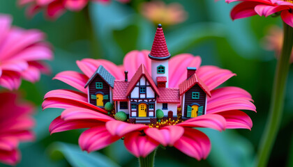 Naklejka premium Miniature House on Flower Petal