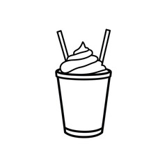 Line Art Ice Cream Cup with Straws Isolated on Transparent Background