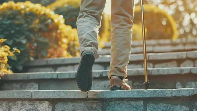 An elderly person ascends a staircase, aided by a cane, with the warm glow of sunlight. The image evokes themes of determination and resilience. 