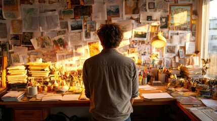 Daily work ritual, portrait of man organizing desk in warm morning ambiance.