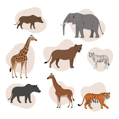 African wild animals collection with elephant giraffe zebra tiger and more in vector style illustration 
