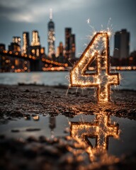A sparkling number 4 stands on a wet surface, reflecting city lights and skyline in the background at dusk. 4th of july