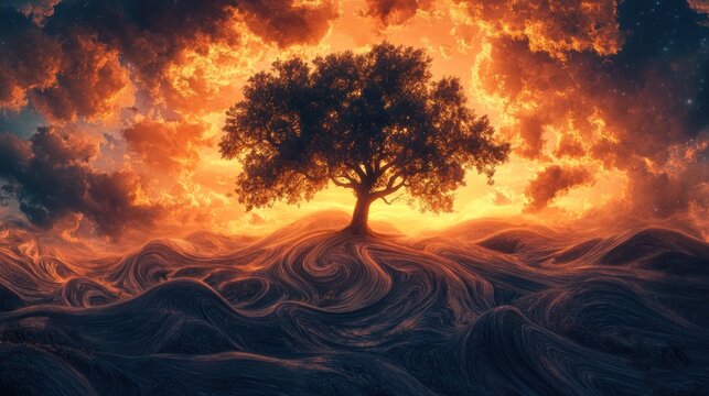 Solitary tree standing resiliently against a fiery dreamscape horizon