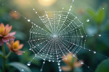 Glistening dewdrop on a white spiderweb, stark white backdrop, texture, glistening, purity