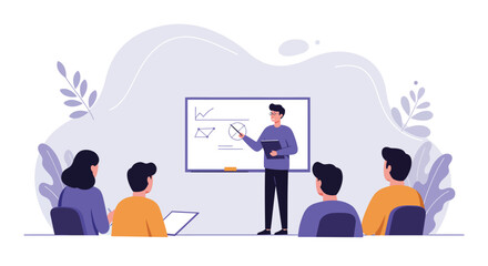 Business presentation with man presenting data to seated people in modern office vector illustration 