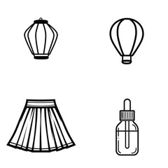 Line Art Icons Lantern, Balloon, Skirt, Dropper Bottle with Transparent Background