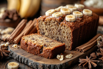 Banana bread topped with chocolate chips.