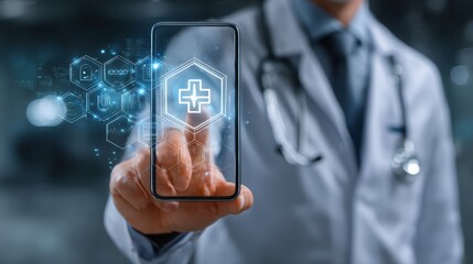 Medical technology concept, physician on mobile screen, clipboard and stethoscope visible.