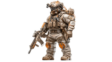 Futuristic soldier in tactical gear holding a rifle isolated on black background