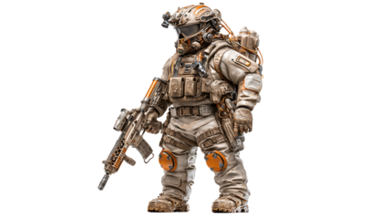 Futuristic soldier in tactical gear holding a rifle isolated on black background