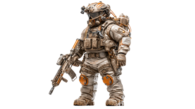 Futuristic soldier in tactical gear holding a rifle isolated on black background
