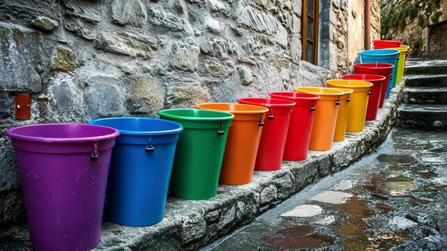 Colorful plastic buckets line a stone wall, creating a vibrant, cheerful scene.