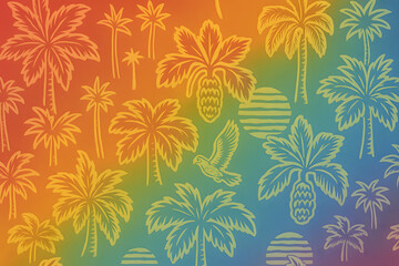 レインボーカラーのヴィンテージトロピカルパターンとヤシの木の背景