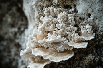 A cluster of creamy white shelf fungi with textured surfaces, growing on a dark, rough rock face.