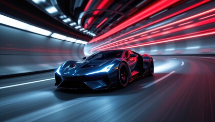 Dynamic car acceleration urban tunnel high-speed photography futuristic environment low-angle view motion concept