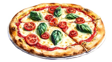 Hand-drawn illustration of a delicious pizza with sliced tomatoes and basil.
