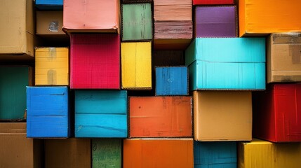 Stacked colorful cardboard boxes create a vibrant and textured background
