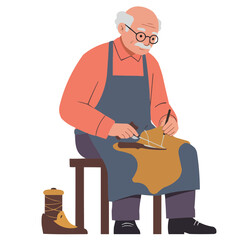 Elderly shoemaker working leather - silver-haired craftsman in artisan workshop bending over leather goods, his skilled hands showcasing centuries-old leatherworking traditions.