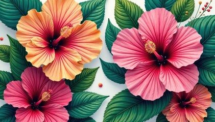 Obraz premium Intricate hibiscus blossoms, lush leaves, vibrant tropical pattern , elegant, vintage
