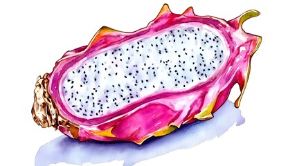 Vibrant watercolor illustration of a dragon fruit slice.