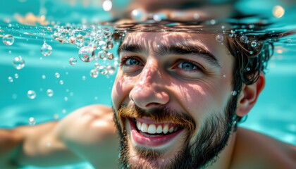 Fototapeta premium Joyful man swimming underwater in a clear pool captured in a vibrant and energetic environment