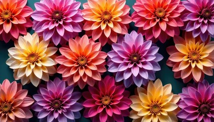 Obraz premium Intricate dahlia blooms in vibrant hues, forming a repeating pattern , trendy, print, surface