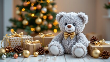Christmas gift ideas teddy bear surrounded by presents and decorations cozy home environment festive mood