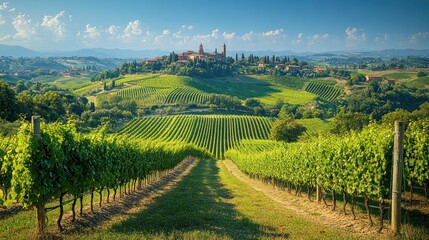 Tuscan Vineyard Landscape: Rolling Hills, Vines, and a Medieval Village