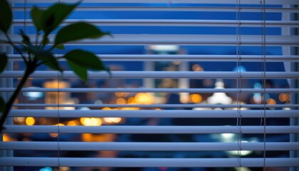 Obraz premium Night cityscape through blinds urban setting photography evening atmosphere framed view visual serenity