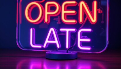 Late night business sign urban setting neon light design indoor environment close-up view marketing concept