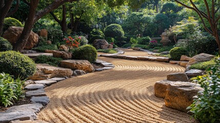 Serene Japanese Zen Garden: A Tranquil Oasis of Sand and Stone