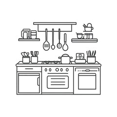 Line Art Kitchen Interior with Stove Oven Utensils and Shelves Transparent