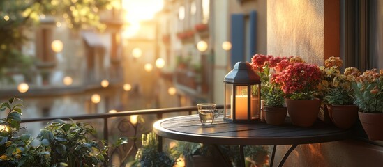 Sunset balcony scene, flowers, lantern, city view