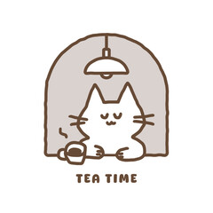 The logo of a cat illustration character in a warm atmosphere drinking tea time coffee
