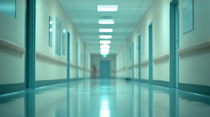 Obraz premium A blurred perspective of a spacious hospital or office hallway with smooth walls, glowing ambient lighting, and a tranquil interior design 