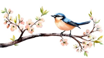 Bird and blossom watercolor illustration nature scene flora art artistic view vibrant colors