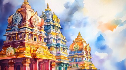 Fototapeta premium Colorful painted depiction of ancient temple structures.