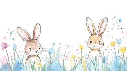 Fototapeta premium Whimsical watercolor scene of bunnies and colorful flora in a cheerful setting