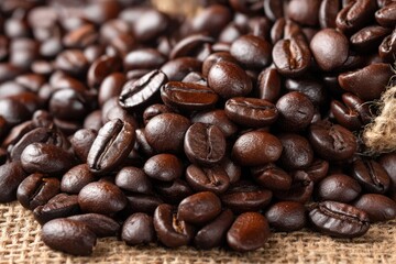 Rich Pile of Roasted Coffee Beans on Rustic Burlap Sack, Perfect for Brewing