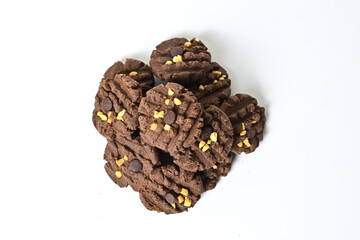 Top view of cookies with peanut and chocolate chips. Freshly Baked Homemade. perfect for bakery advertisements and dessert menus. Clipping path. Stack. Pile. Close up. High angle. Above