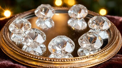 Gilded mirror reflecting scattered diamonds on velvet surface, symbolizing luxury, wealth and extravagant lifestyle, opulence and lavish self-indulgence concept.