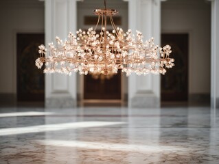 A magnificent, decorative chandelier in a spacious hall.