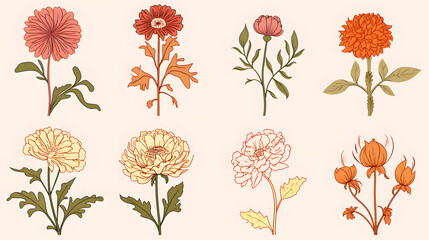 Professional Set of Autumn Botanical Line Art Drawings for Birth Month Designs