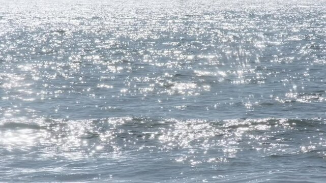Bright sunlight reflecting across ocean surface, generating mesmerizing sparkling effect while gentle waves rolling along portuguese coastline under clear summer sky