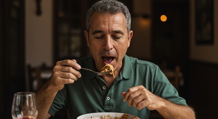 Man Eating Spaghetti with Fork
