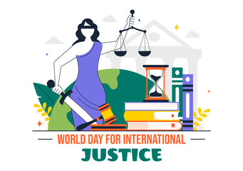 World Day for International Justice Vector Illustration on July 17 Featuring the Earth, Law Book, Scales of Justice, and Judge's Gavel in a Background